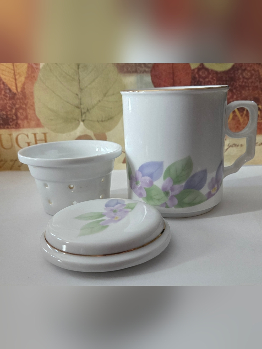 Floral Ceramic Tea Mug with Infuser and Lid - Purple Flower Design